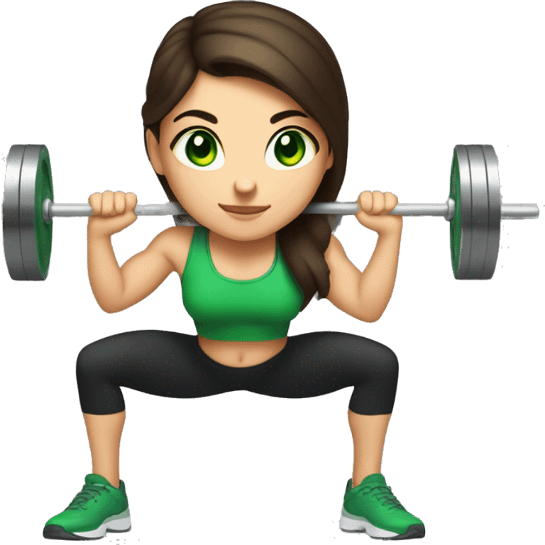 Brunette girl with green eyes squatting with a barbell emoji