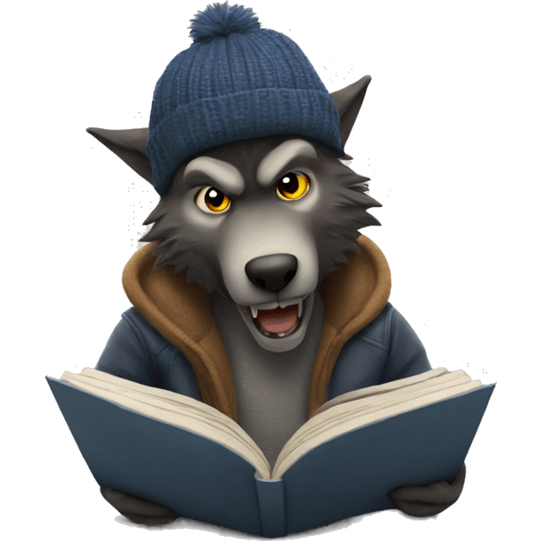 nice werewolf with a beanie reading a book  emoji