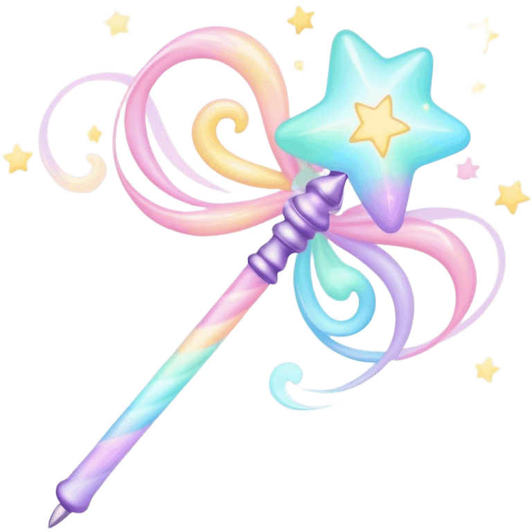 Cinematic cute magical wand, pastel swirls of color, tiny twinkling stars floating around, glowing softly, chubby rounded edges, whimsical and dreamy. emoji