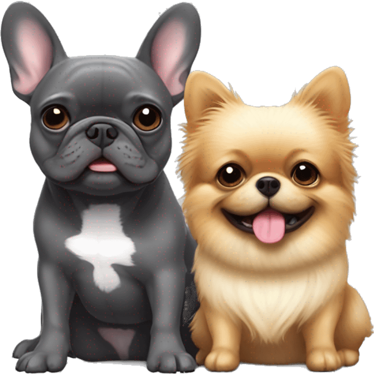 dark gray french bulldog happy alongside a pomeranian, best friends emoji