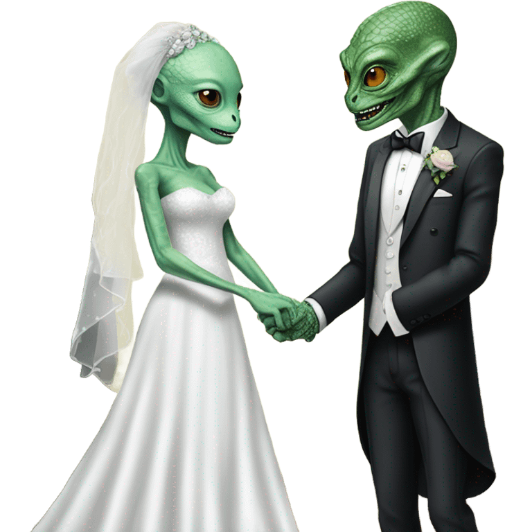 Alien reprilian woman in wedding dress, and one humman man in a tuxedo holding, hands getting married emoji