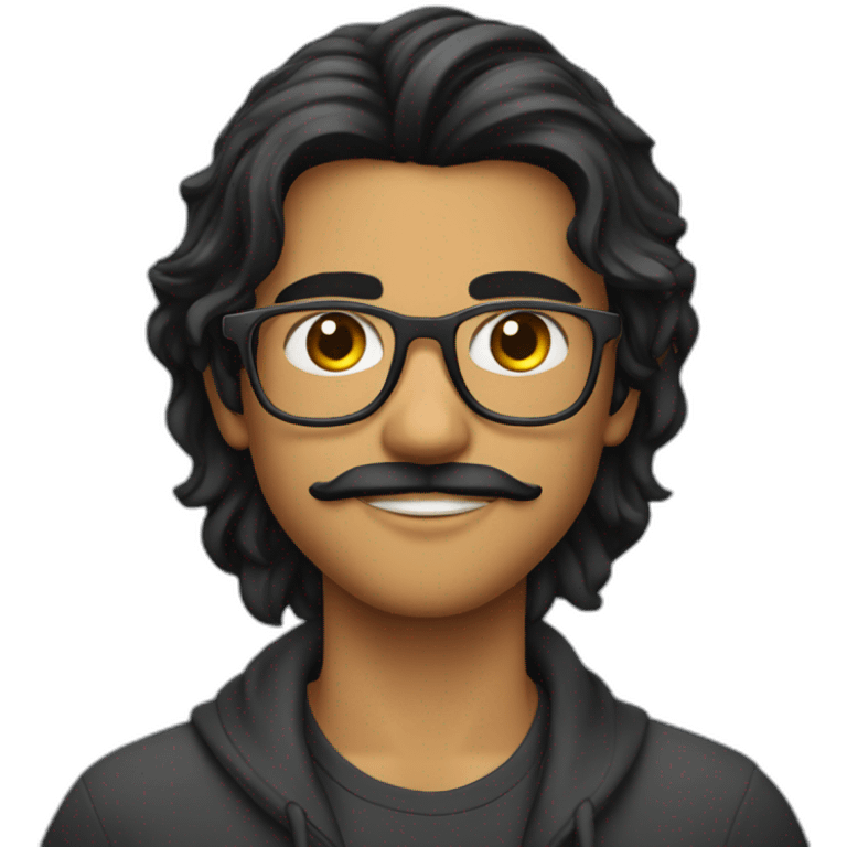 Indian teenager, with moustache and a goatee, with long wavy black hair, wearing glasses emoji