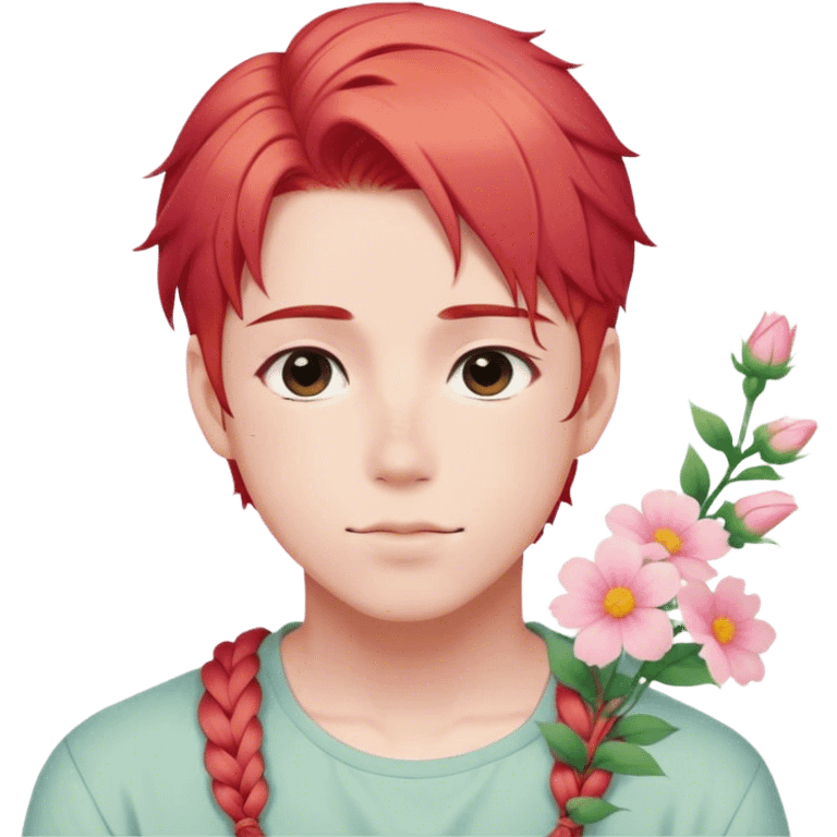 Gorgeous pastel red hair with a thin braid on the side anime style shojo guy with blushing face and flowers aesthetic trending style outside emoji