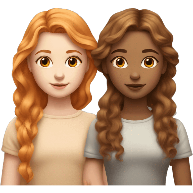 serene two girls. one has tan skin wavy brunette hair and the other has pale skin natural soft orange hair delicate fringe. standing together in gentle light. calm and content. hyper-realistic soft textures fine details glow on skin emoji