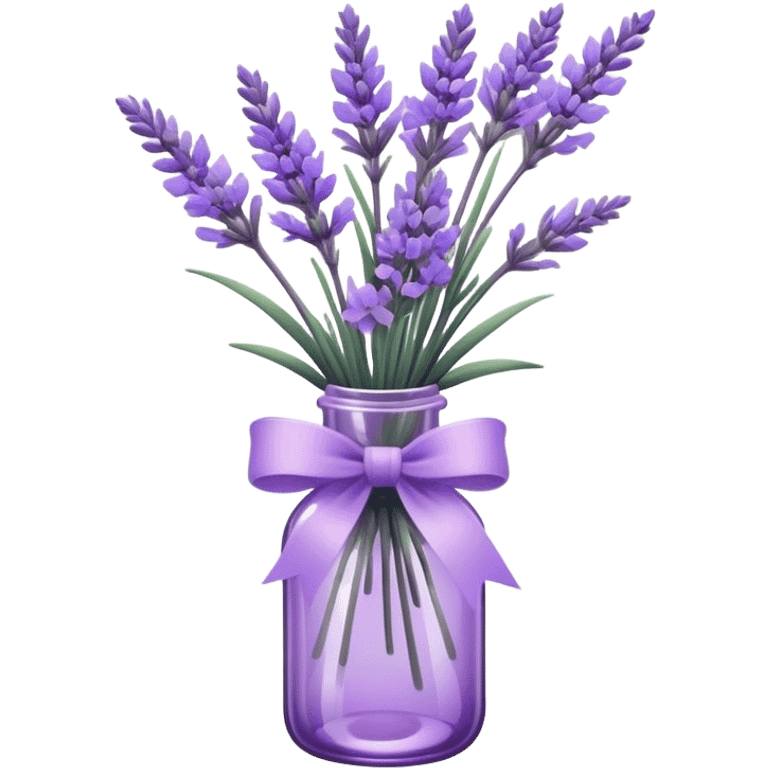 aesthetic bow in light purple , purple glass bottle and in it a beautiful bouquet of lavender emoji