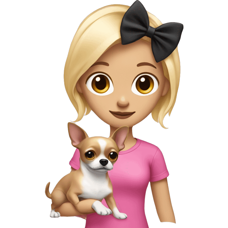  girl with blonde hair wearing a pink shirt holding a black long hair chihuahua a white bow  emoji