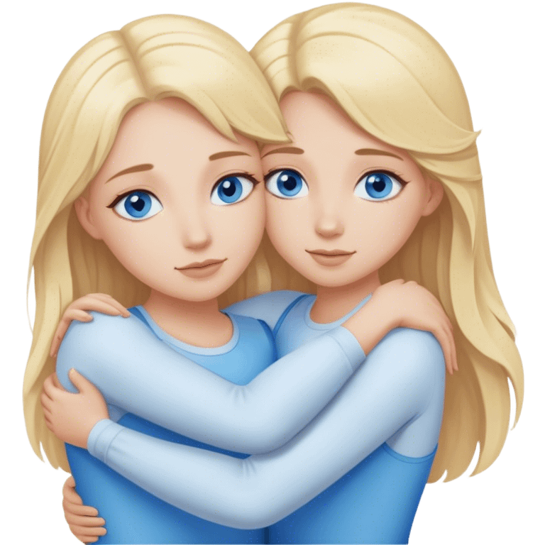 Cinematic realistic two sisters with blonde hair and blue eyes hug emoji