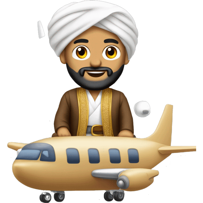 turban Middle East man in traditional  outfit riding on top of tiny Boeing 737 emoji