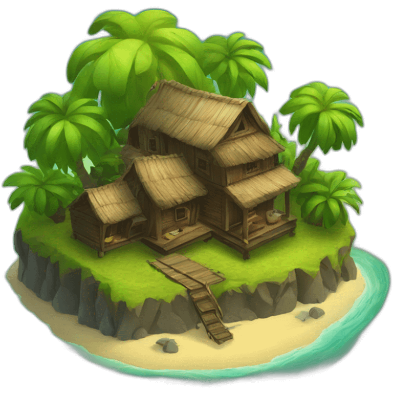 mysterious island with few wood cabins emoji