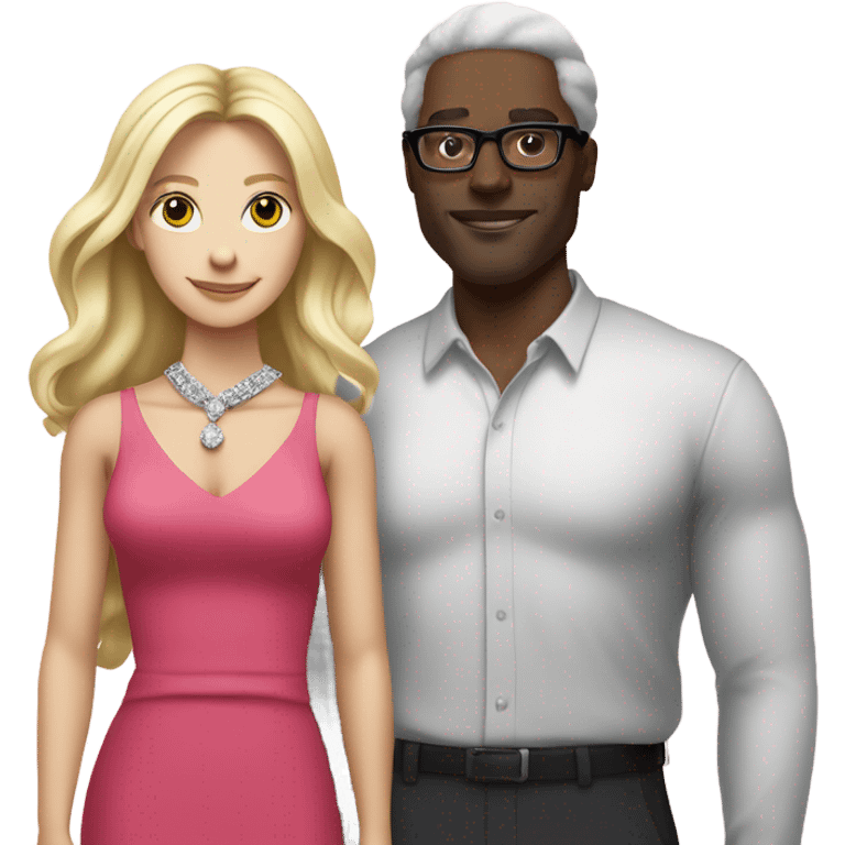 “white blond long hair woman in pink dress and diamond necklace standing with black man with glasses wearing a red shirt emoji