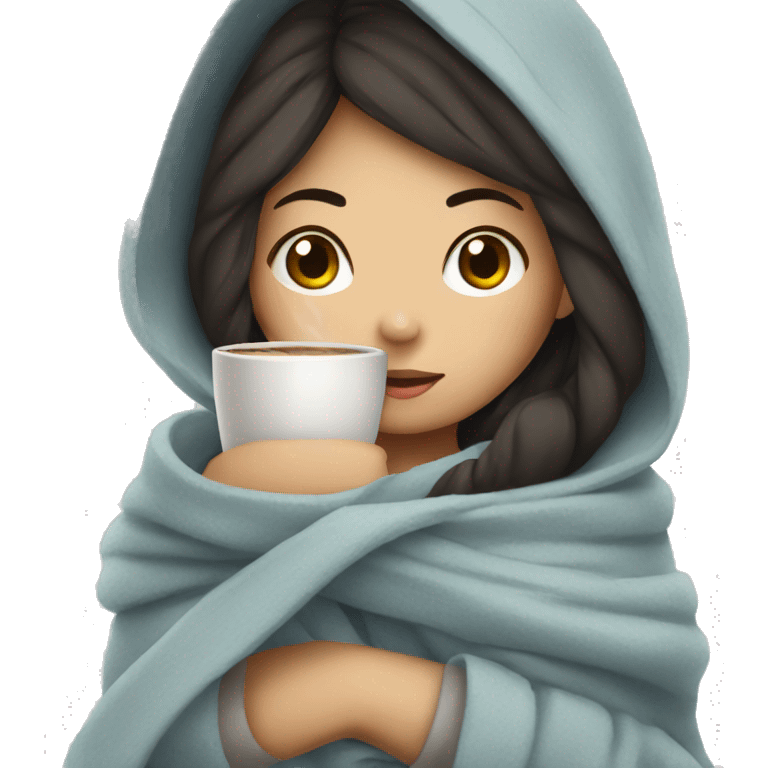 Asian girl wrapped in cozy blanket drinking coffee emoji