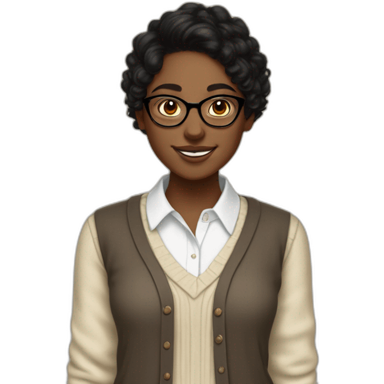 smiling dark skin indian teenage girl with black curly hair and glasses wearing a collared long sleeve white shirt under a beige v shaped collar sweatervest with no buttons emoji