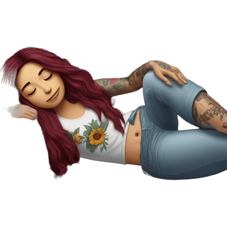 Beautiful tattooed burgundy long haired woman napping on sofa emoji