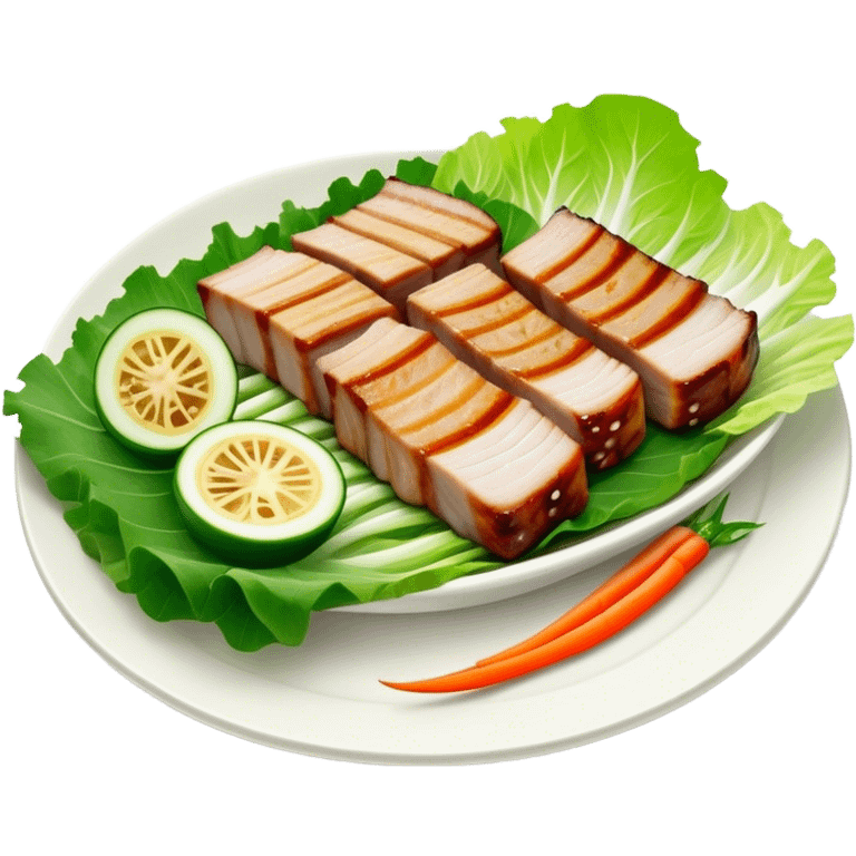 Samgyeopsal Cinematic Realistic Samgyeopsal Dish Emoji, depicted as slices of grilled pork belly served in crisp lettuce leaves with assorted fresh vegetables, rendered with dynamic textures and appetizing, natural lighting. emoji