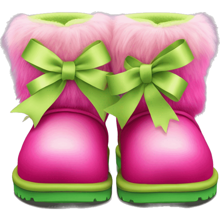 Realistic pair of hot pink to lime green ombre fur Ugg boots with silk ribbon bows. emoji