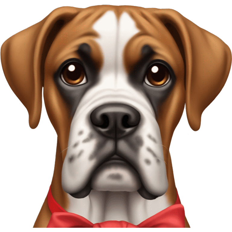 Boxer dog with a red bow on her neck and no bow on her head emoji