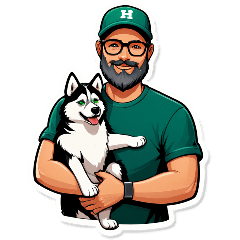 A bold man with a grey baseball cap, green eyes, big beard and glasses hugging a husky emoji