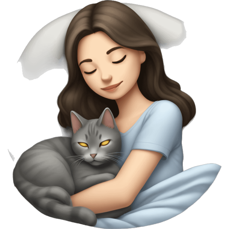 Brunette girl sleeping and grey cat beside her emoji