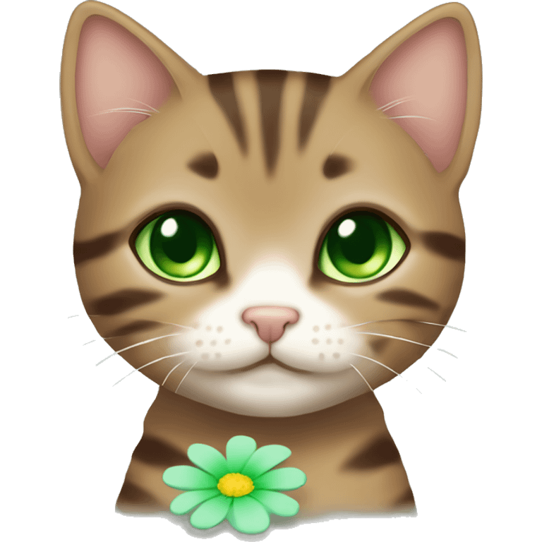 kawaii brown tabby kitten with green eyes and pastel green flower emoji