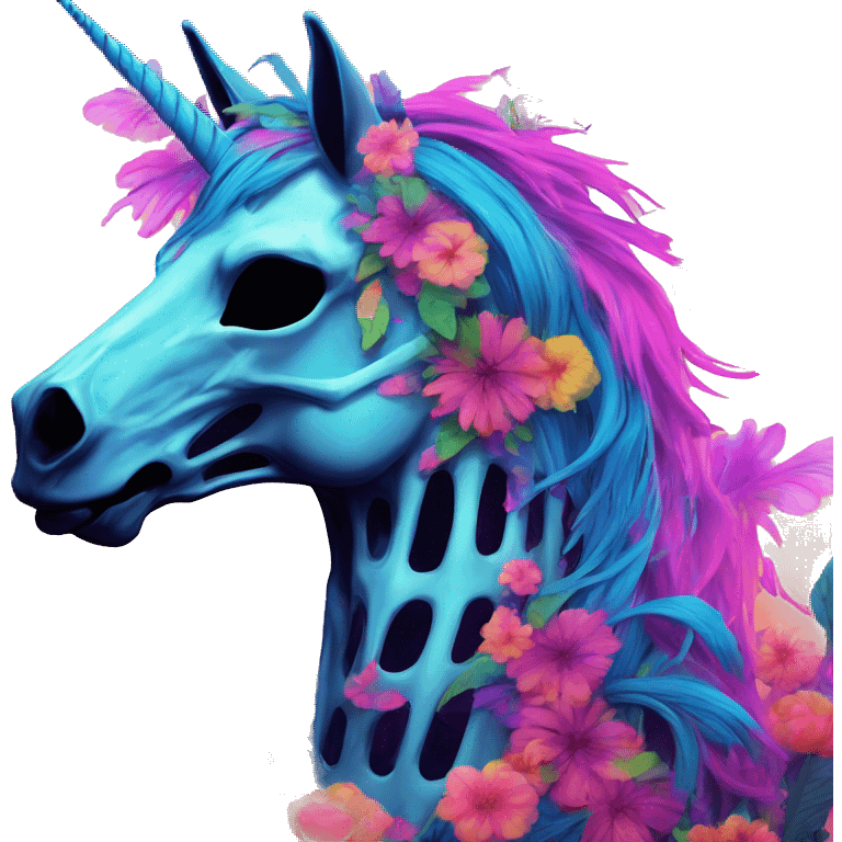 Neon Zombie Pegasus unicorn skeleton psychedelic flowers floral groovy art neon rave raving emoji