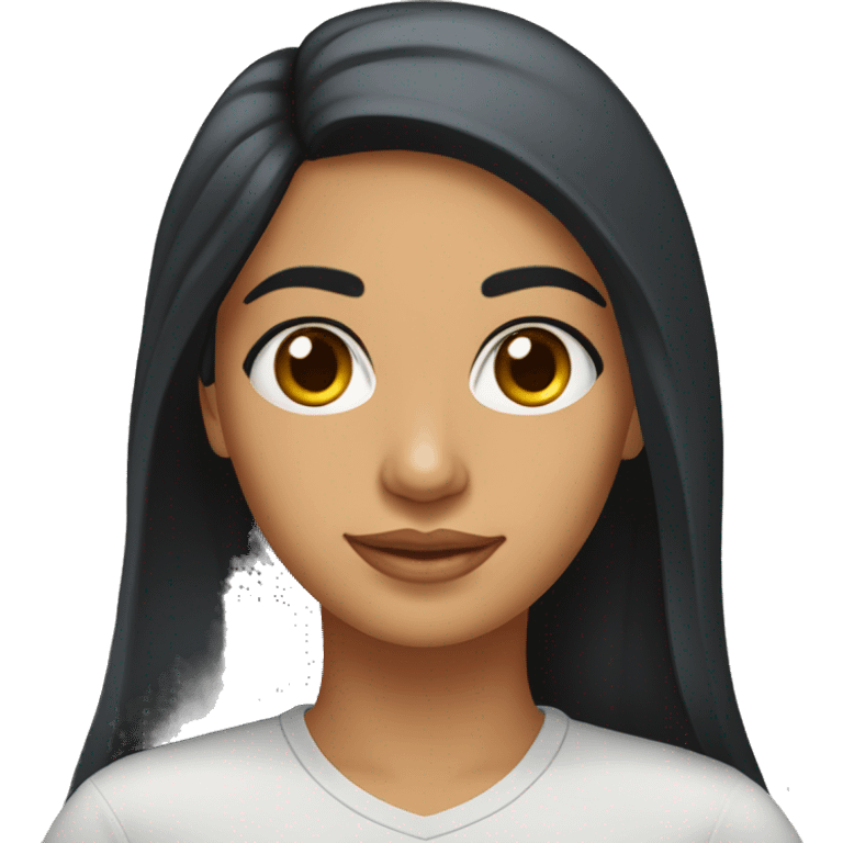 A head and shoulders shot of a 33 year old South Asian woman, with long black hair,   with brown eyes wearing a t-shirt. emoji