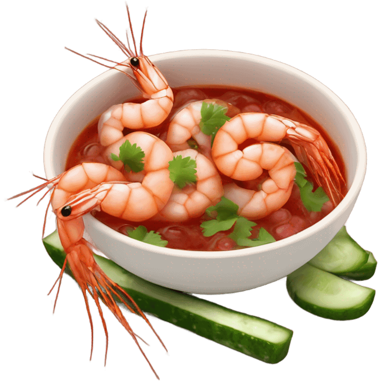 Shrimps in cup with red sauce cucumber onions cilantro  emoji