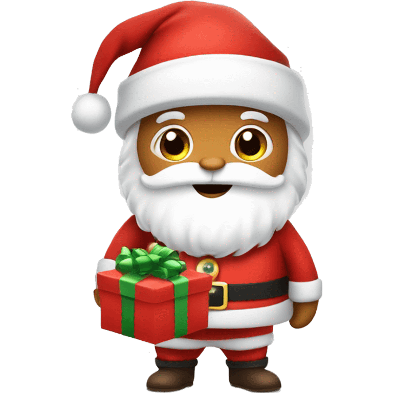 “An adorable full-body Santa in a red suit, fluffy white beard, rosy cheeks, big eyes, and a red hat with a white pom-pom, holding a small gift.” emoji