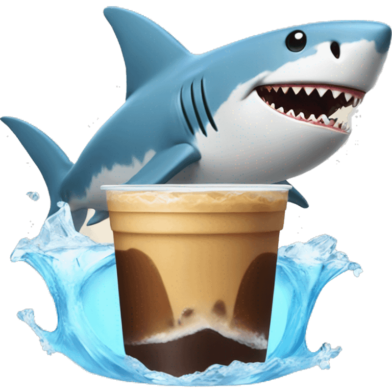 Shark surfing with an iced coffee emoji