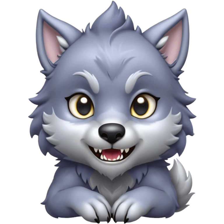 Cinematic Cute Werewolf Portrait Emoji, with a cuddly, miniature lupine form in soft moonlit grays and silvers, featuring oversized sparkling eyes and a sweet, endearing snarl, simplified yet irresistibly adorable, highly detailed with a gentle glowing outline that captures the playful, heartwarming essence of a little werewolf! emoji