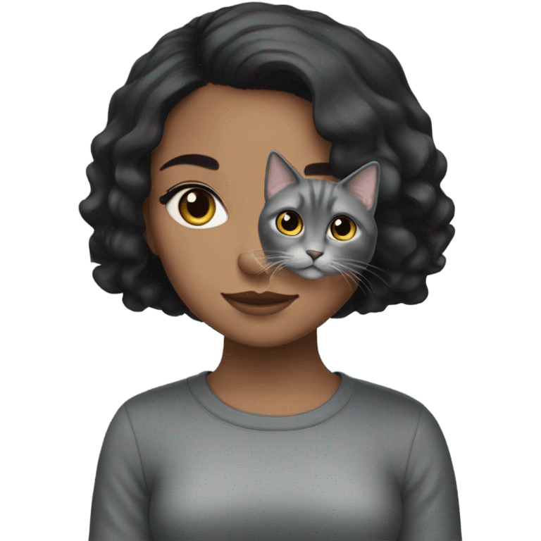 A black haired girl with a grey British short haired cat emoji