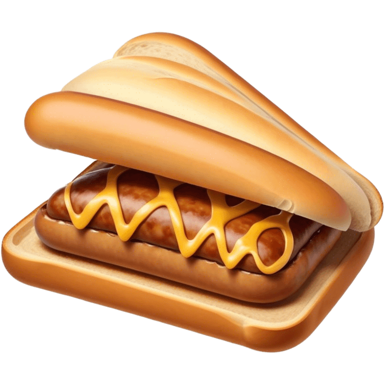 Sausage Sizzle Cinematic Realistic Sausage Sizzle Dish Emoji, depicted as a sizzling sausage tucked into a triangular slice of bread, rendered with rich textures and dynamic, warm lighting. emoji