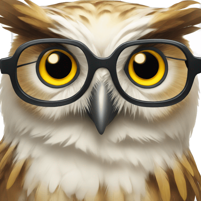 owl head with glasses and yellow eyes, brown and white feathers emoji