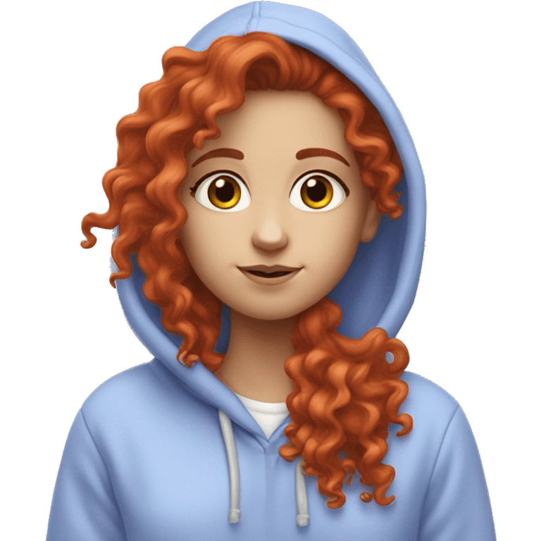 a white girl with long red curly hair, wearing a pastel periwinkle hoodie doing a pose emoji