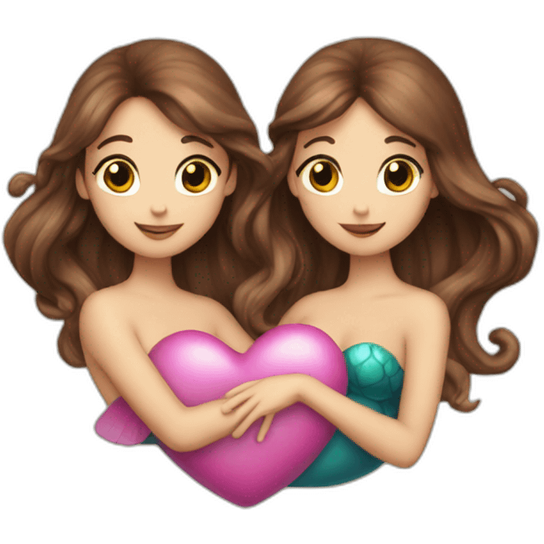 Two brown haired mermaids with their tails making a heart emoji