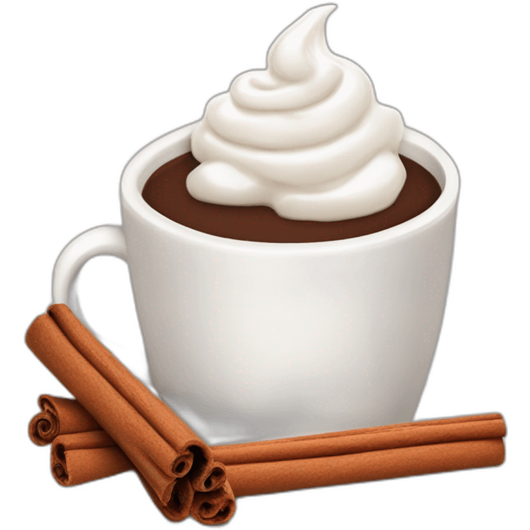 white mug of hot chocolate with whipped cream and cinnamon emoji