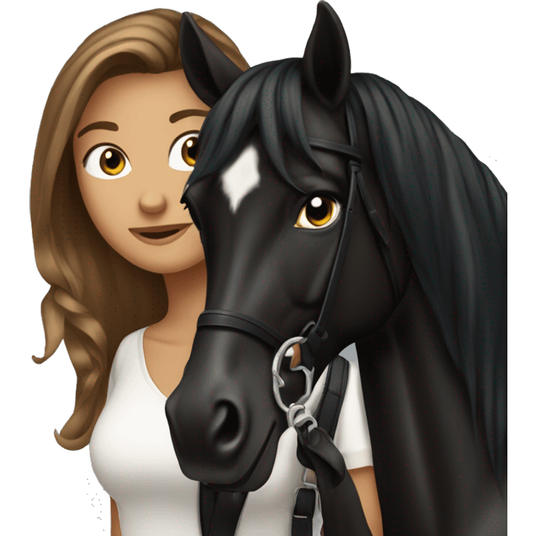 Pretty tanned equestrian woman long hair holding black stallion reins emoji