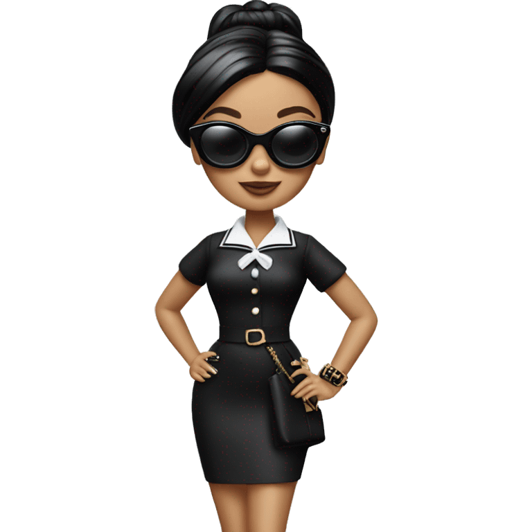 Palm beach Honey Barbie Wednesday Addams ,white face, full body visible, hair done,handbag, small 2 piece, sunglasses,heels,holding yorkie dog  emoji