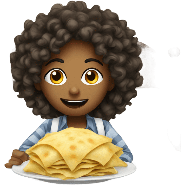 Person that’s mixed in a hotel on a bed witt curly hair and freckles eating ravioli on a white bed emoji