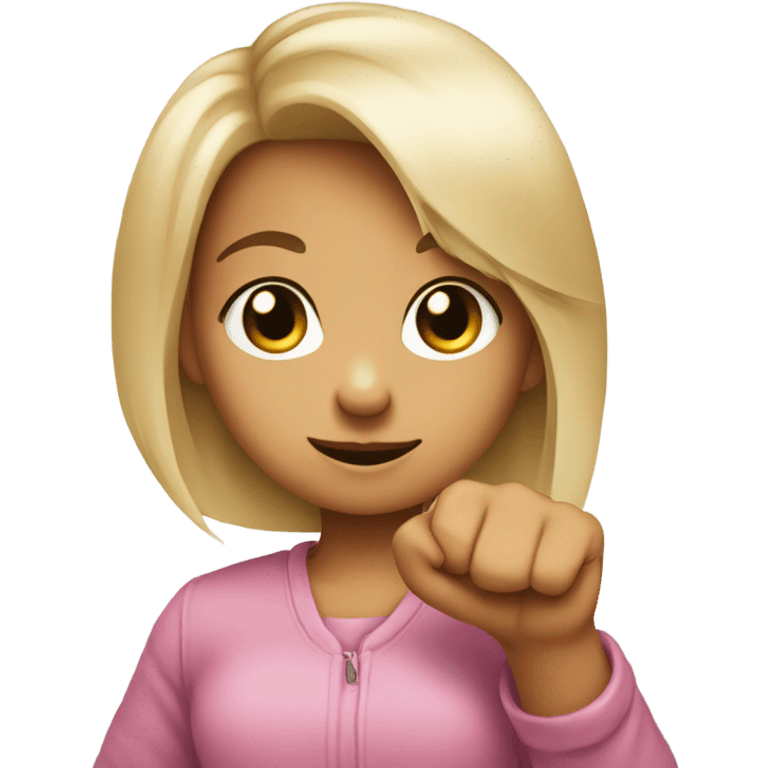 Girl doing a smile-pout and putting up a fist with just her pinky finger up straight  emoji