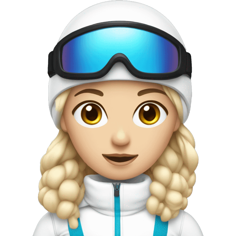 blonde girl blue eyes skiing with white ski outfit emoji