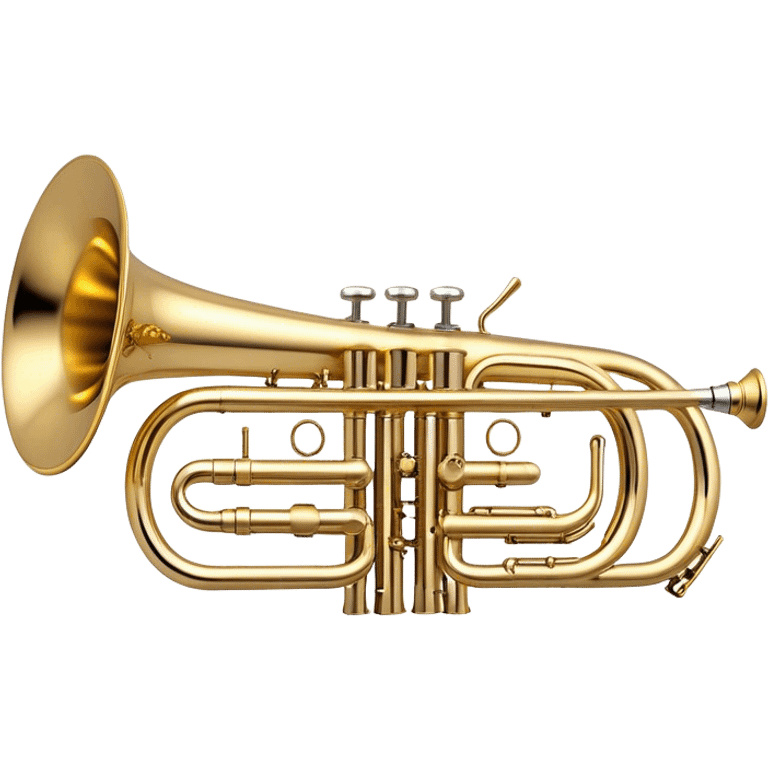 Create a sleek and professional emoji representing a Stomvi trumpet. The design should showcase the shiny, polished brass body of the trumpet with its distinct bell, valves, and tuning slides. Highlight the intricate keywork and the valve pistons, with detailed metallic accents and subtle reflections on the surface. The mouthpiece should be visible at the top of the instrument. Use golden and brass tones with light reflections to emphasize the smooth, high-quality finish. Add a few musical notes floating around the trumpet to evoke its bright and resonant sound. The background should be transparent. emoji