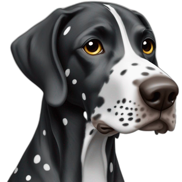 black german shorthair pointer, long snout, full black head, without white on the head, with white hair on the snout, black and white spotted body emoji