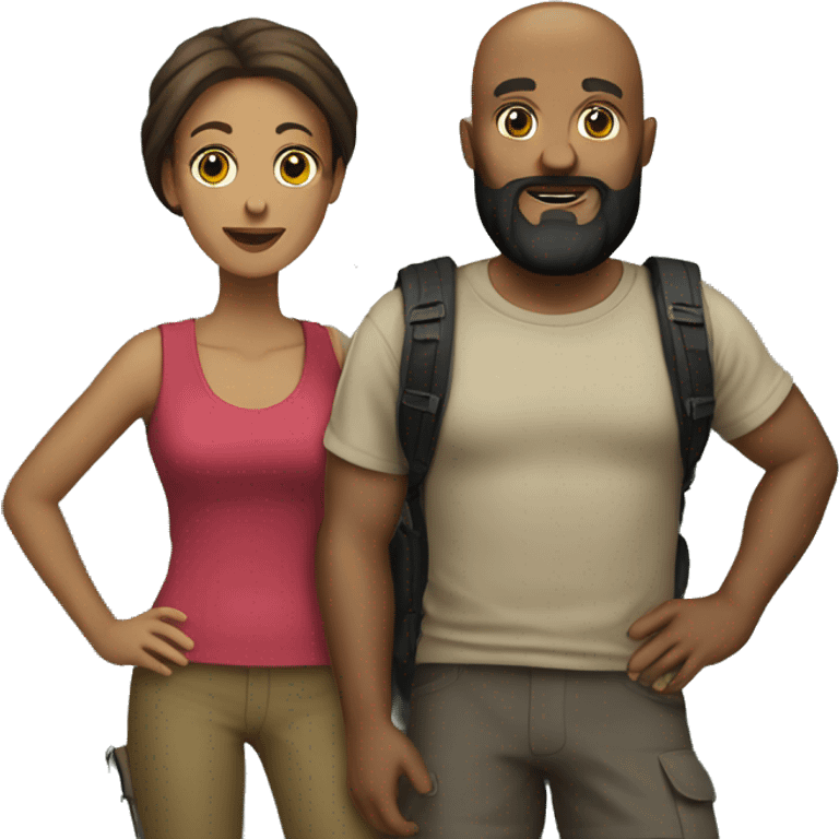 Almost bald with black beard men with his wife long brown hair hiking emoji