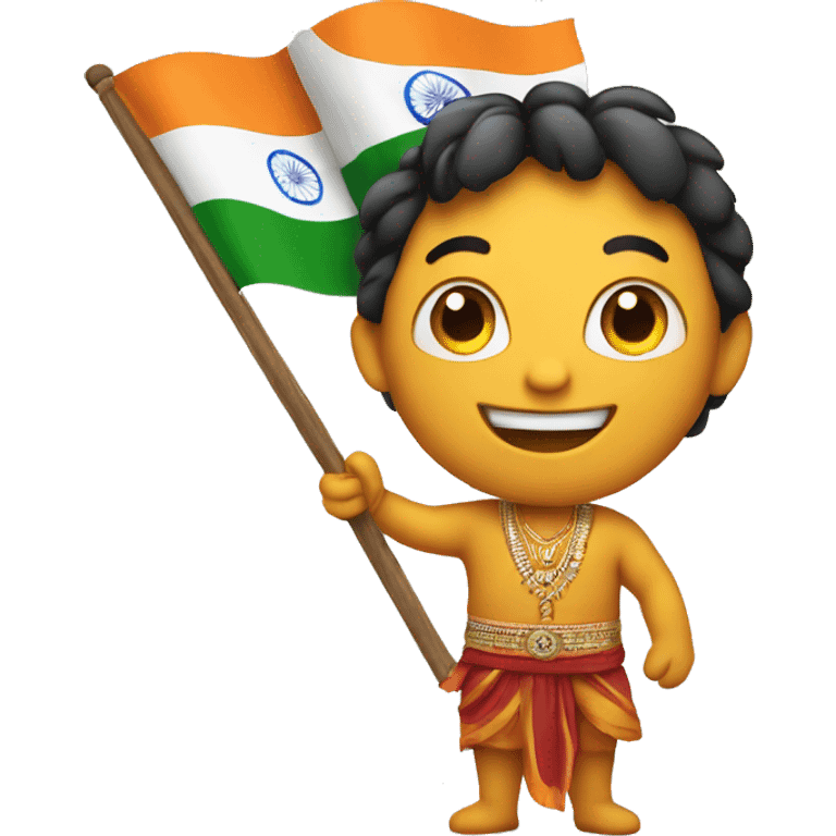 a smiling emoji holding a indian flag in hand emoji