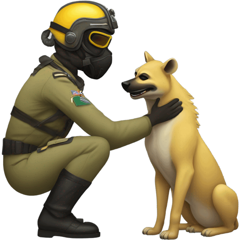 Yellow army Pilot with black mask googles, and then a big hyena kissing kissing him emoji