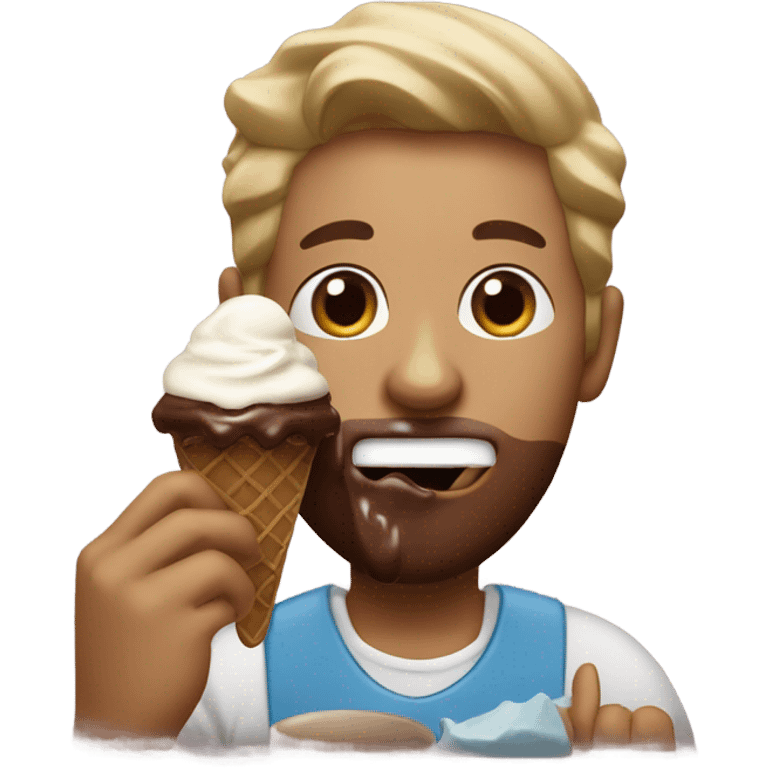 Guy eating ice cream with chocolate sauce on his face while watching football with a dog licking the spoon emoji