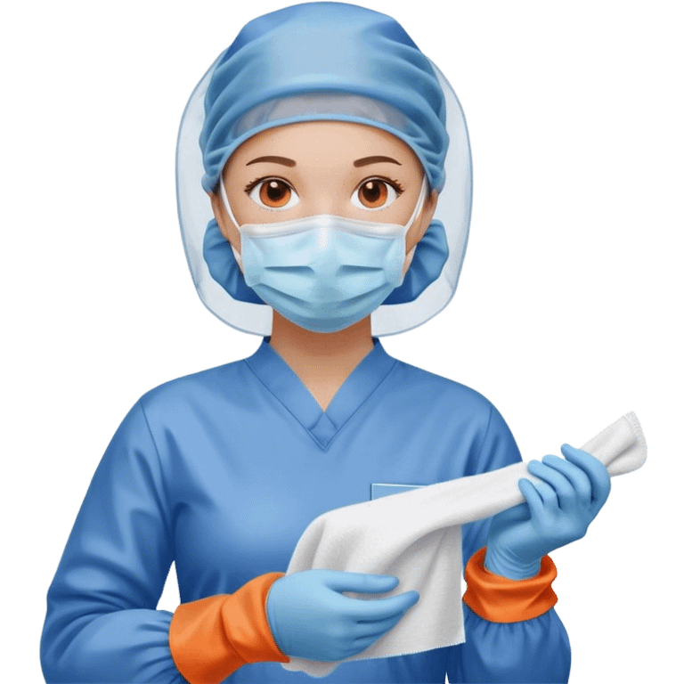 A meticulous cleanroom worker dressed in full protective gear, including a blue sterile suit, a face mask, a hairnet, and orange gloves.  wipe  in her hand. emoji