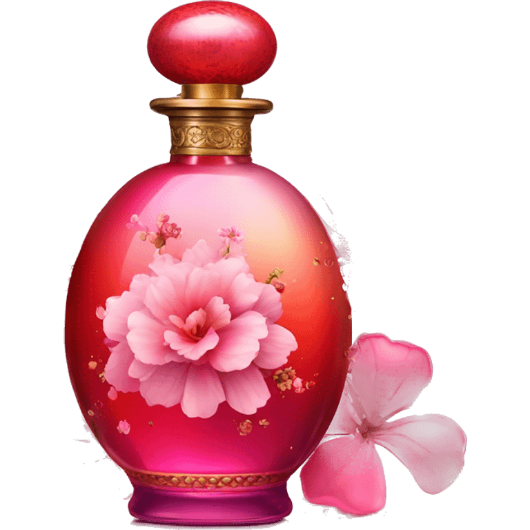 An antique perfume gradient red and pink bottle in oriental style, oil perfumes inside, sequins and flowers flying around emoji