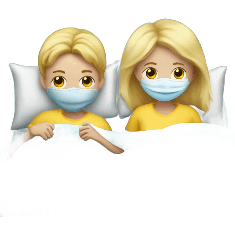 Two blonde children, sick, each in their own bed, wearing covid masks, one Boy, one girl,, at home, get well soon sign with yellow heart emoji