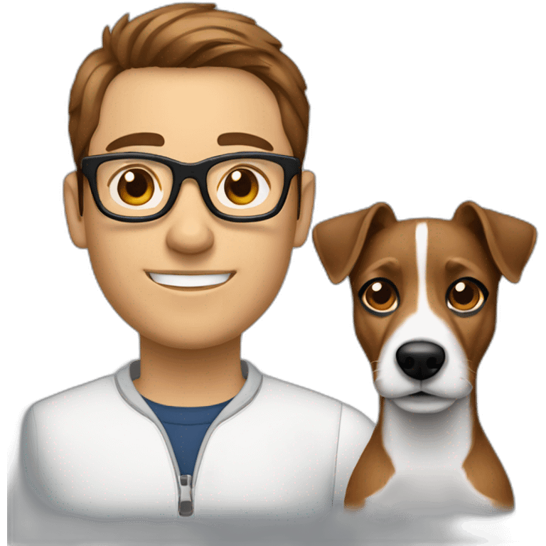 man with glasses with modern cut brown hair with jack russell terrier dog emoji